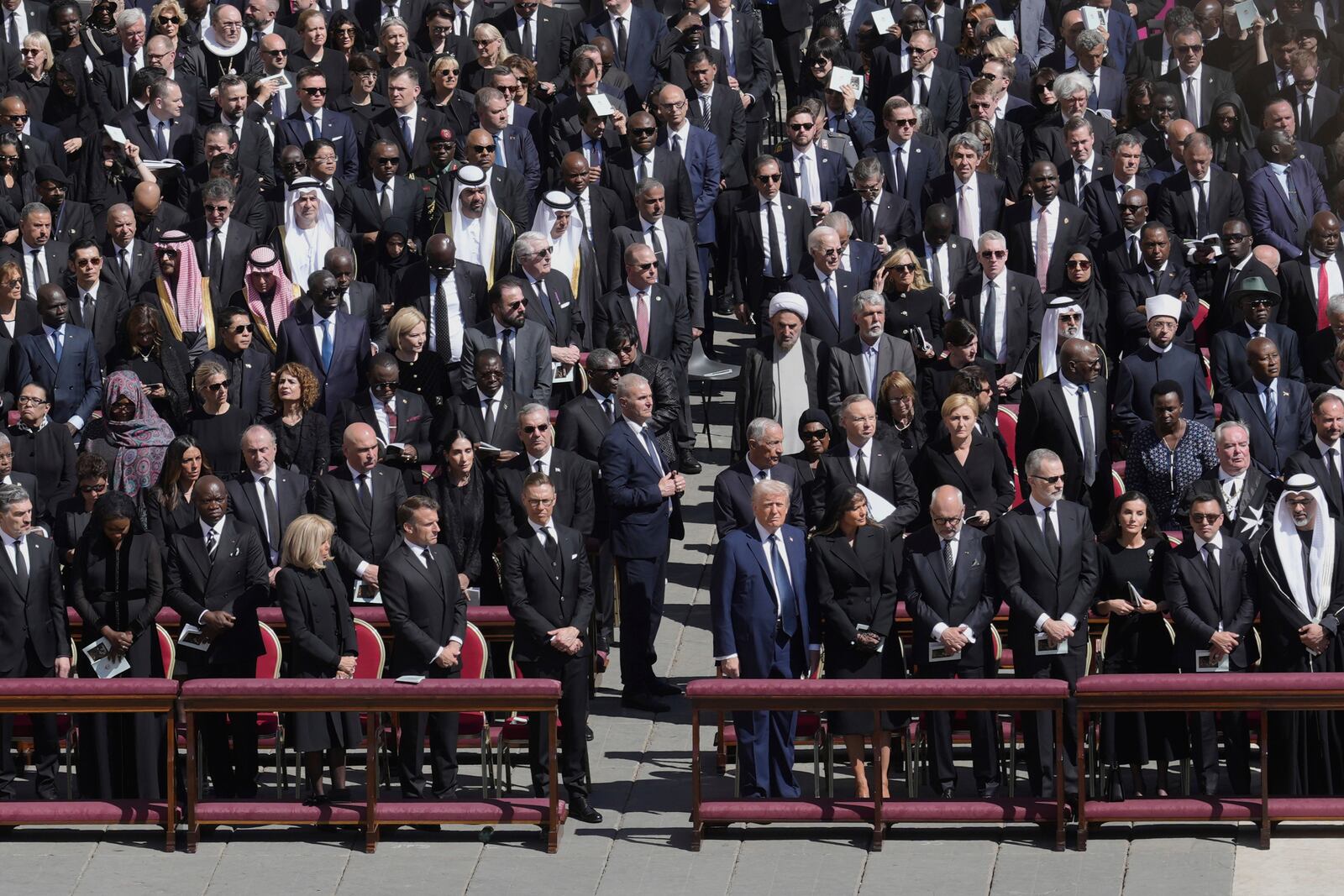 President Donald Trump, center-right, attends the funeral of Pope Francis in St. Peter's Square at the Vatican, Saturday, April 26, 2025. (AP Photo/Markus Schreiber)