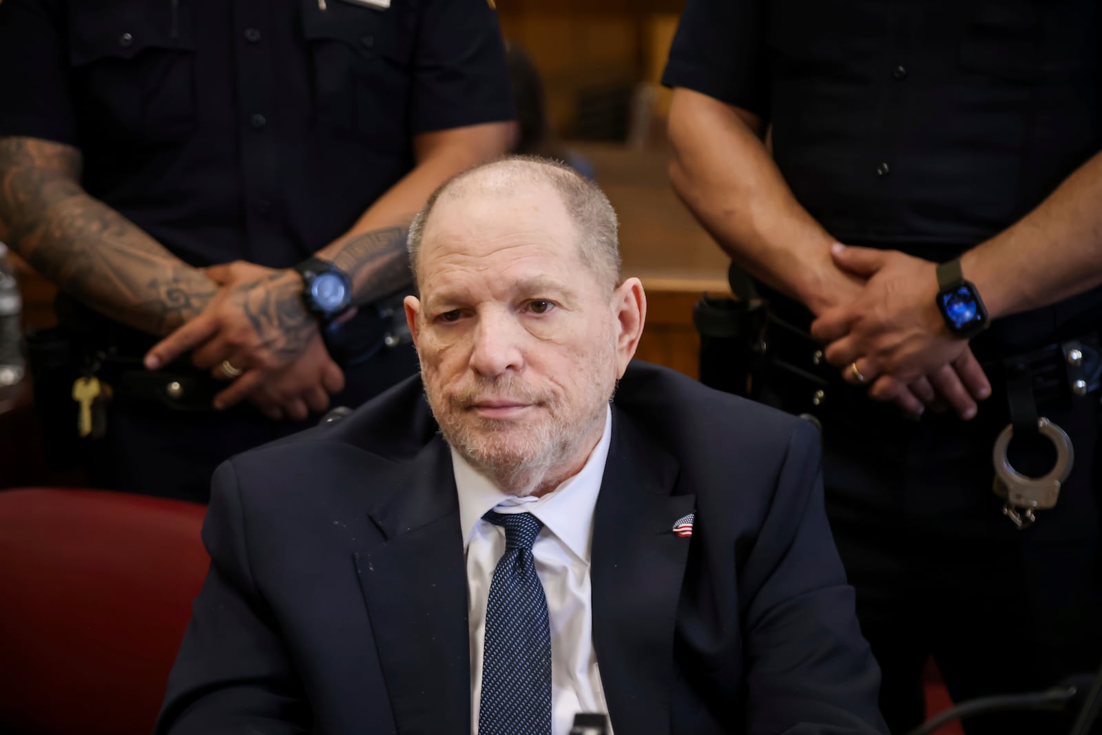 Harvey Weinstein appears in state court in Manhattan for his retrial on Wednesday, April 30, 2025 in New York. (Michael Nagle/Pool Photo via AP)