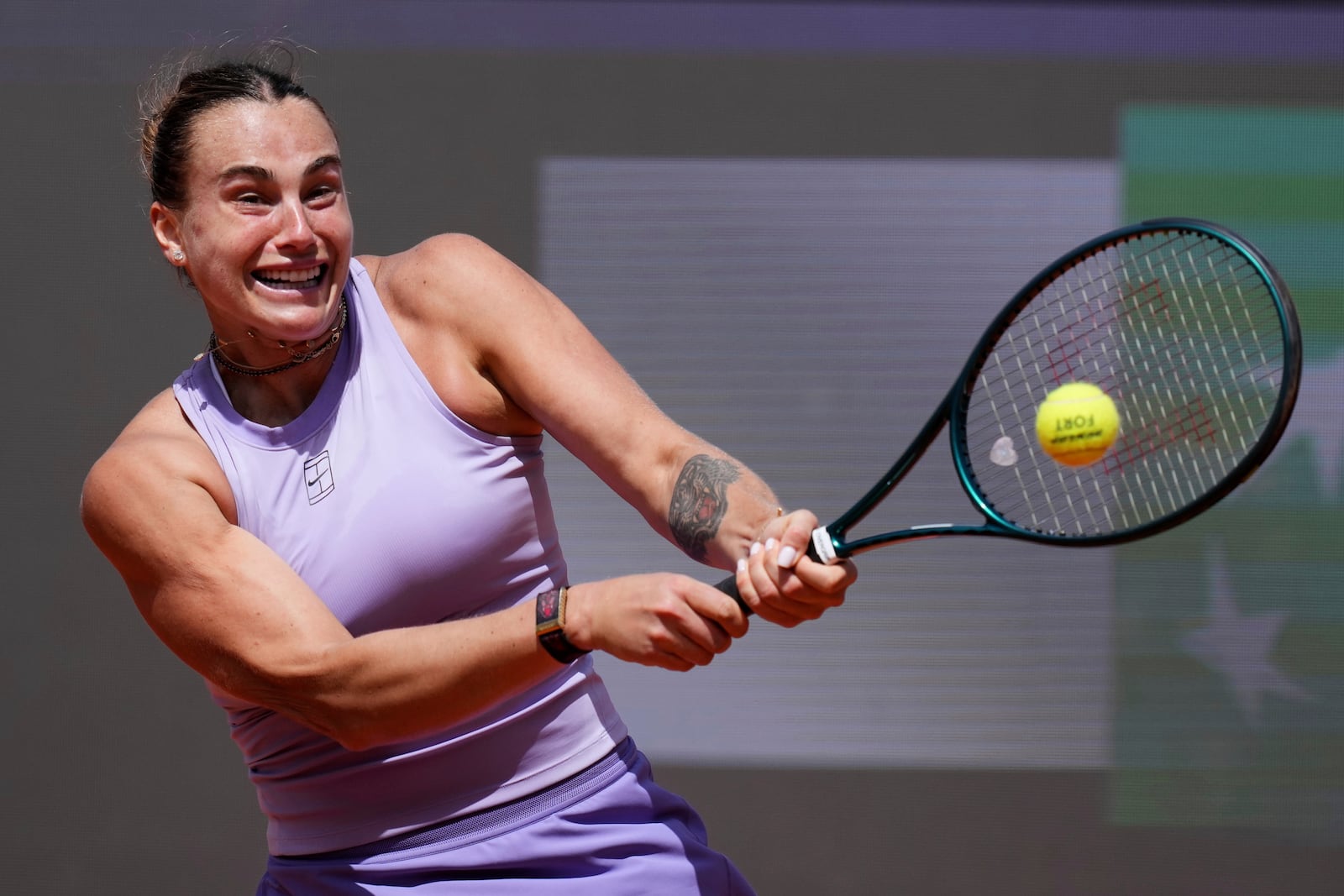 Aryna Sabalenka of Belarus returns to Anastasia Potapova of Russia during the Italian Open tennis tournament in Rome, Friday May 9, 2025. (Alfredo Falcone/LaPresse via AP)