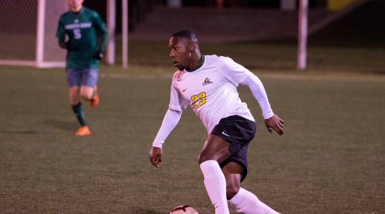Wright State defender Sam Orisatoki corrals the ball during a game vs. Green Bay on Nov. 2, 2019. Joseph Craven/WSU Athletics