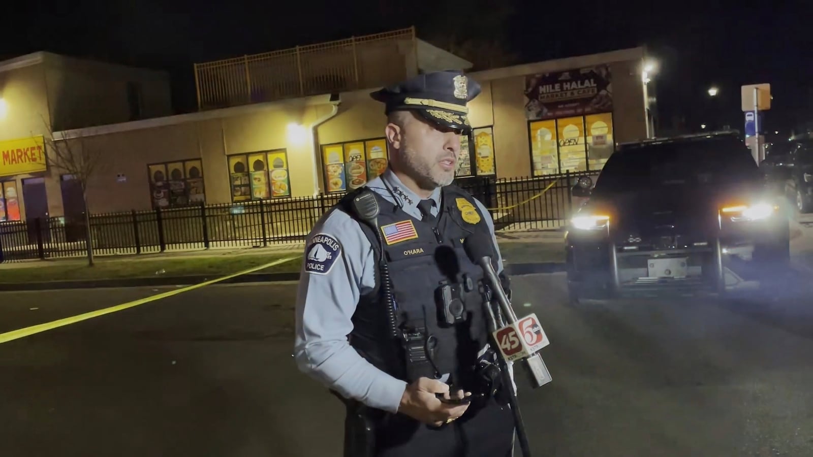 This image provided by Minneapolis Police Department, Minneapolis Police Chief Brian O'Hara talks to the media after a deadly shooting the night before on Wednesday, April 30, 2025 in Minneapolis. (Minneapolis Police Department via AP)