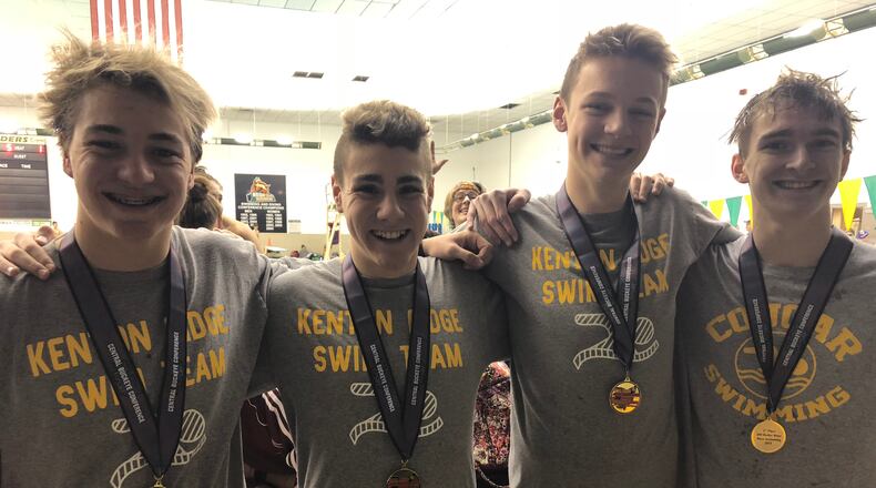 Kenton Ridge’s (left to right) Seth Thomas, Dylan Day, Braden Dunaway and Keaton Campbell won the 200-medley relay at Central Buckeye Conference championships, helping the Cougars also claim the team title. The foursome swims at the sectional meet this weekend in an attempt to qualify for districts. CONTRIBUTED