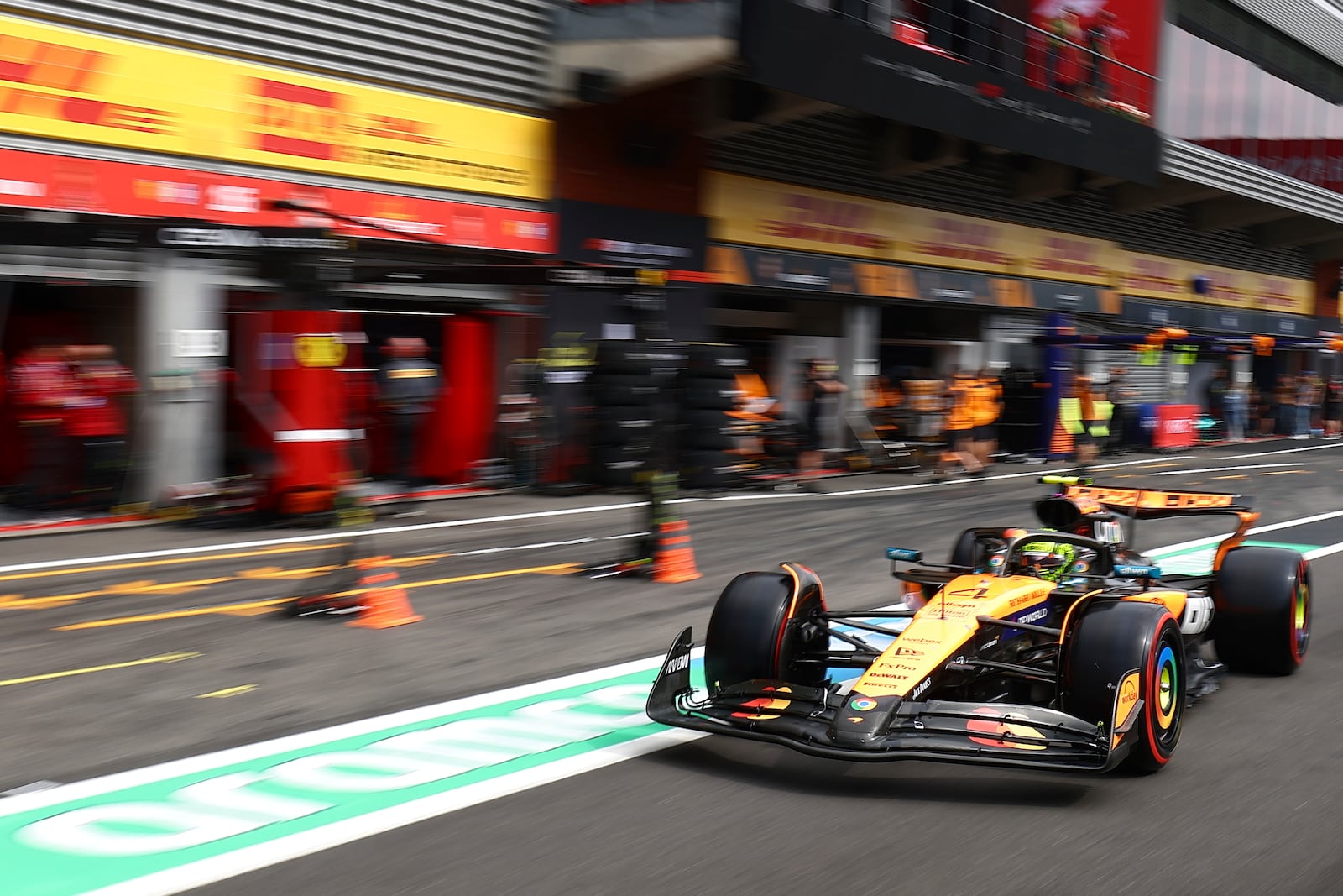 McLaren driver Lando Norris of Britain steers his car during qualification ahead of the Formula One Grand Prix at the Spa-Francorchamps racetrack in Spa, Belgium, Saturday, July 26, 2025. (Manon Cruz, Pool Photo via AP)