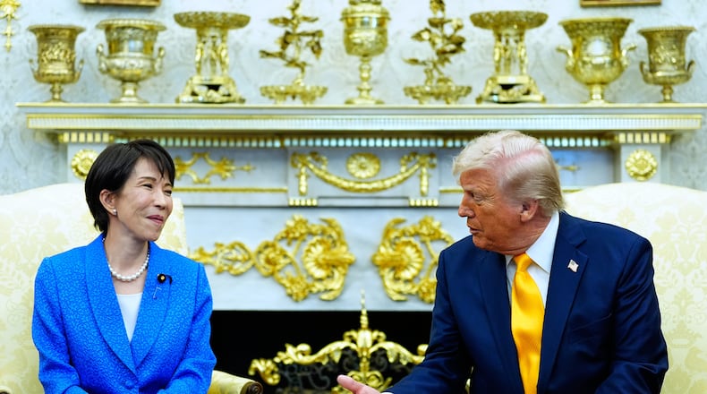 President Donald Trump speaks with Japan's Prime Minister Sanae Takaichi in the Oval Office of the White House, Thursday, March 19, 2026, in Washington. (AP Photo/Alex Brandon)