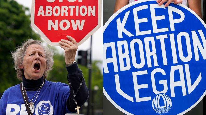 A woman holds a sign saying "stop abortion now," at a protest outside of the U.S. Supreme Court in Washington on May 5, 2022, left, and another woman holds a sign during a news conference for reproductive rights in response to the leaked draft of the Supreme Court's opinion to overturn Roe v. Wade, in West Hollywood, Calif., on March 3, 2022. (AP Photo)