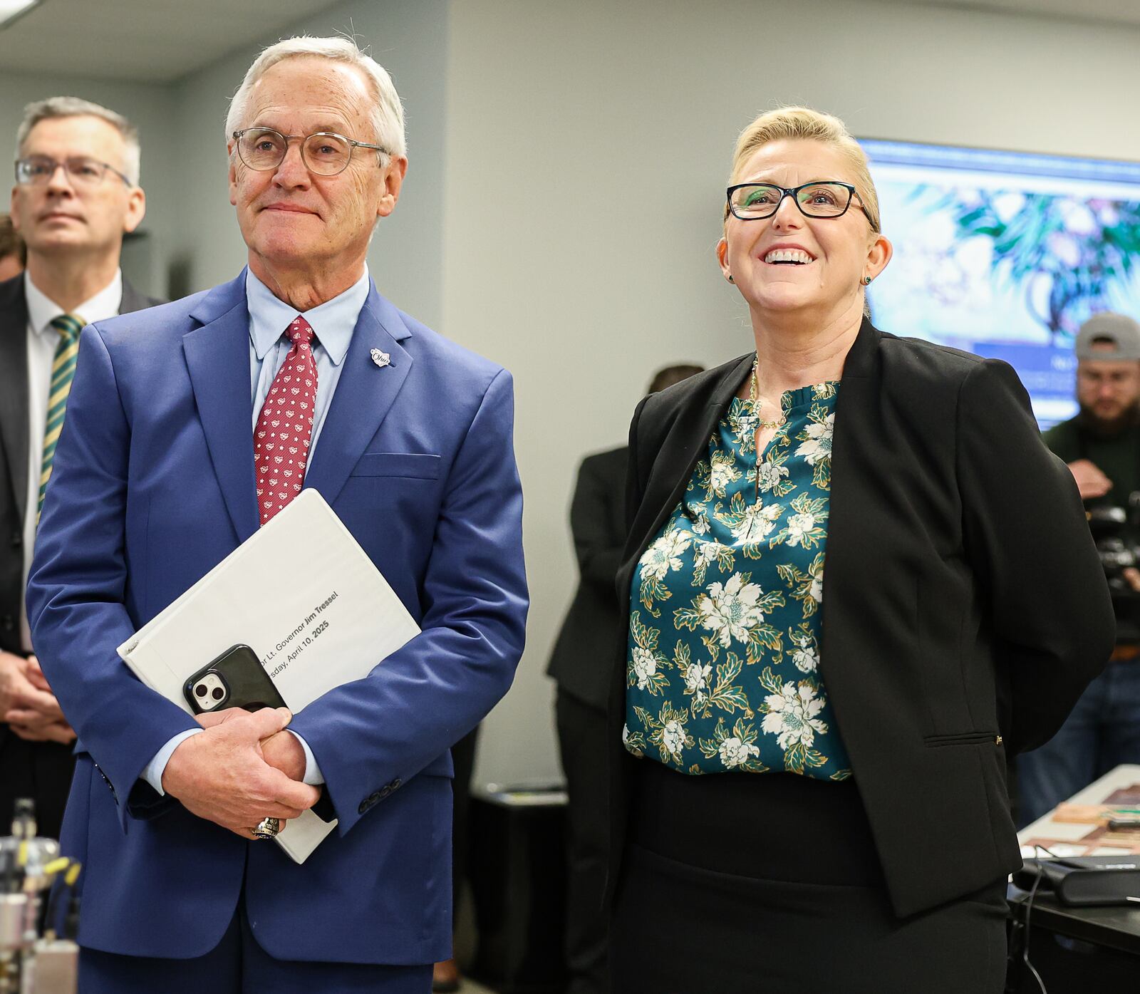Lt. Gov. Jim Tressel and Wright State president Sue Edwards smile during a presentation on Thursday in a classroom at Russ Engineering Center at Wright State University. Tressel said Gov. Mike DeWine tasked him with workforce creation shortly after appointing him as lieutenant governor about two months ago. He toured Wright State and heard about how the university prepares students to join the workfrorce. Many of the university's students obtain jobs in the greater Dayton area. BRYANT BILLING / STAFF