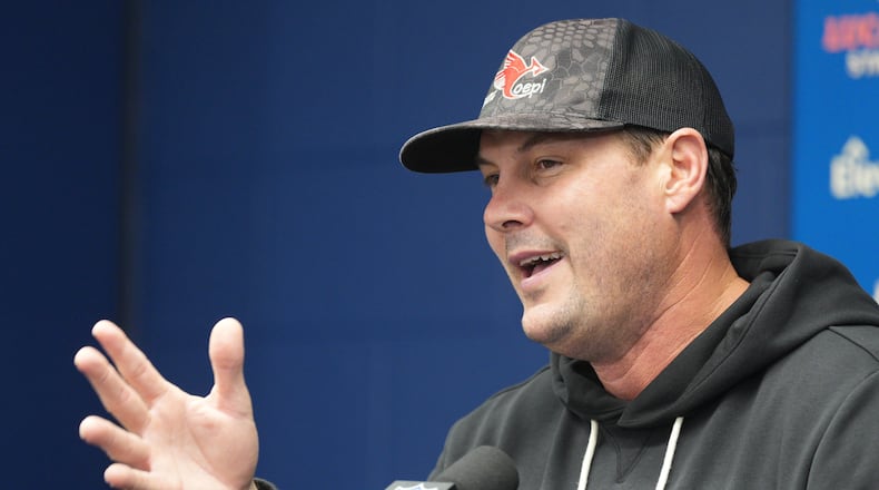 Indianapolis Colts quarterback Philip Rivers speaks during a news conference following an NFL football game against the Jacksonville Jaguars Sunday, Dec. 28, 2025, in Indianapolis. (AP Photo/AJ Mast)