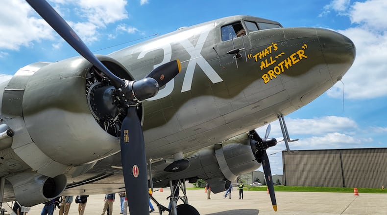 That’s All, Brother, a C-47 piloted by Lt. Col. John Donalson, arrived at Butler County Regional Airport Friday, April 16. The historic WWII C-47 aircraft led over 800 C-47’s over the drop zones of Normandy, France on D-Day on June 6th, 1944. The airplane is expected to land at Grimes Field in Urbana Monday morning. NICK GRAHAM / STAFF