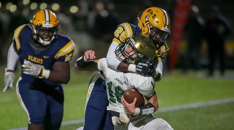 Springfield High School linebacker Jaivian Norman sacks Dublin Jerome quarterback Zakk Tschirhart during their game last season in Springfield. Norman recently committed to Eastern Michigan. CONTRIBUTED PHOTO BY MICHAEL COOPER