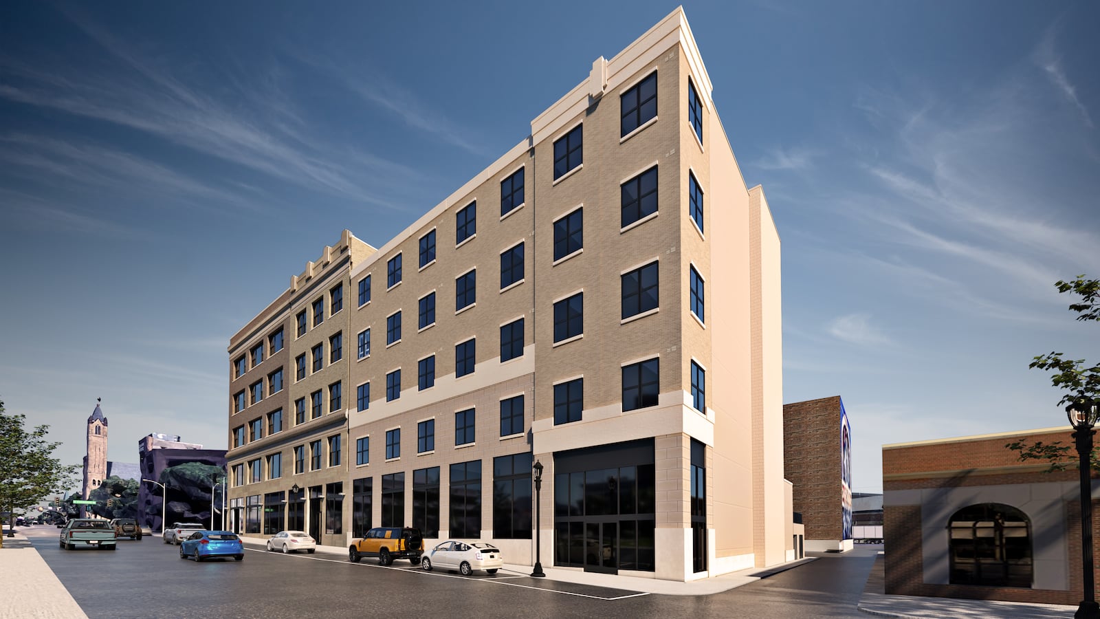 This rendering shows the Wren Building mixed-use redevelopment in downtown Springfield with a northwest-facing view. IMAGE PROVIDED BY CONNECT REAL ESTATE.