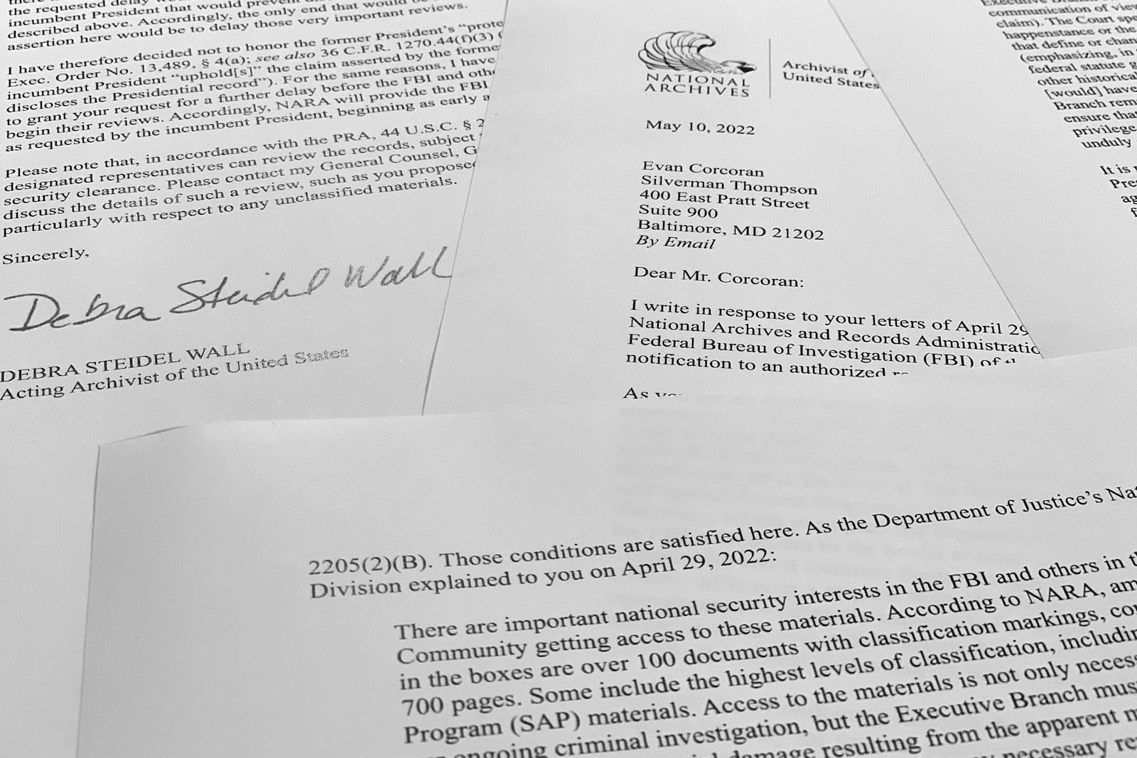 FILE - A letter from acting archivist of the United States Debra Steidel Wall to former President Donald Trump's legal team is photographed, Aug. 23, 2022. The letter details that the National Archives recovered 100 documents bearing classified markings, totaling more than 700 pages, from an initial batch of 15 boxes retrieved from Mar-a-Lago earlier in 2022. (AP Photo/Jon Elswick, File)