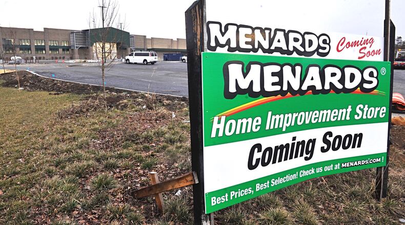 Work continues on the new Menards home improvement store in Fairborn on Dayton-Yellow Springs Road. Officials said the story is tentatively expected to open in mid-May. MARSHALL GORBY/STAFF
