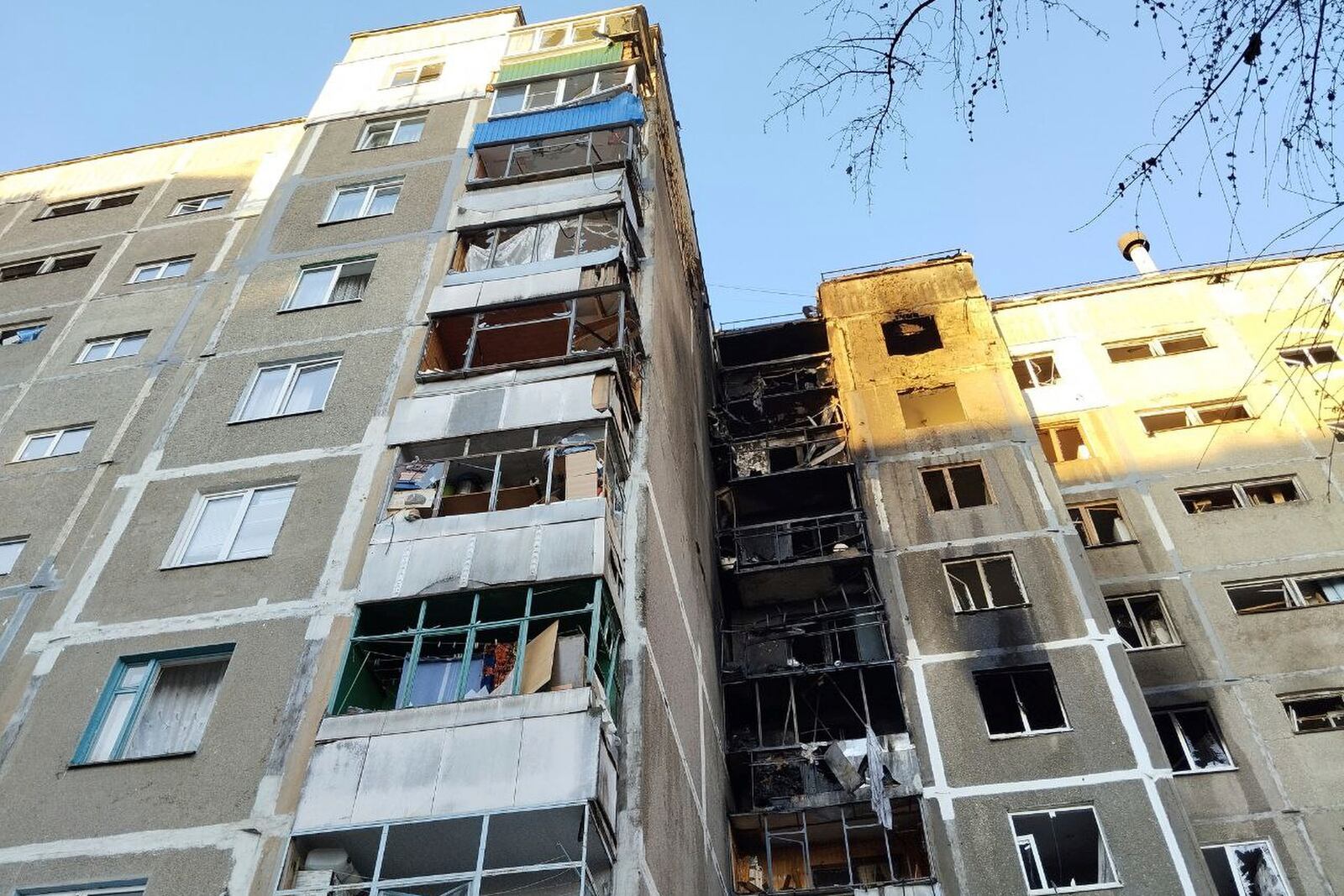 This photo, released by the Government of Kursk region official telegram channel, on Tuesday, April 15, 2025, shows an apartment building damaged by a Ukrainian drone in Kursk, Russia. (Government of Kursk region official telegram channel via AP)