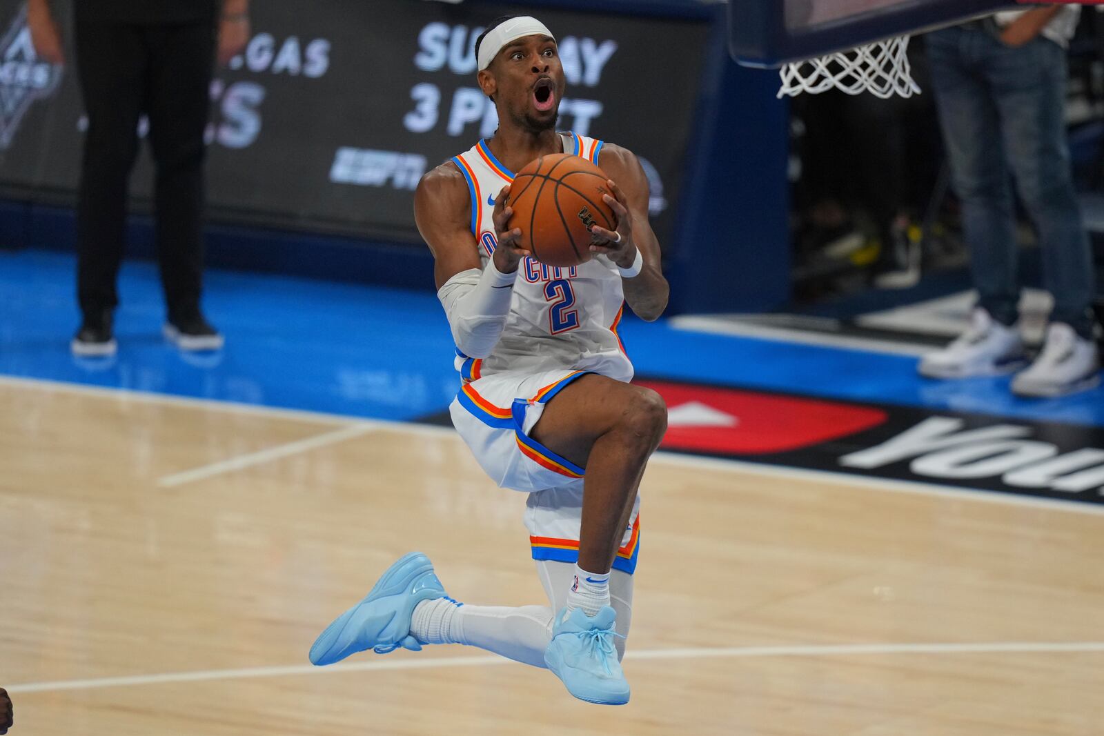Oklahoma City Thunder guard Shai Gilgeous-Alexander (2) scores against the Indiana Pacers during the second half of Game 5 of the NBA Finals basketball series, Monday, June 16, 2025, in Oklahoma City. (AP Photo/Nate Billings)