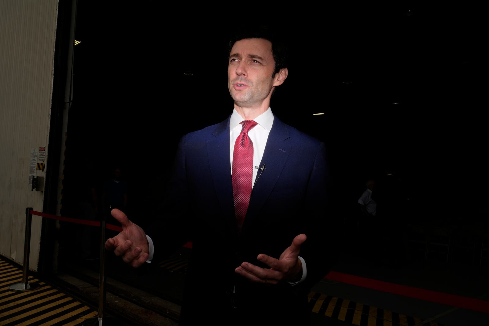 Sen. Jon Ossoff, D-Ga., speaks during an interview at Dobbins Air Reserve Base, Saturday, April 26, 2025, in Marietta, Ga. (AP Photo/Brynn Anderson)