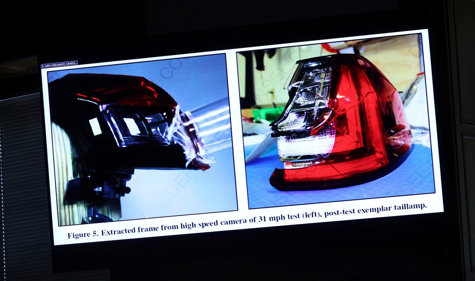 Images of a taillight assemby from a 2021 Lexus SUV are projected on a screen for jurors to view during Karen Read's murder trial in Norfolk Superior Court in Dedham, Mass., Friday, June 6, 2025.(Mark Stockwell/The Sun Chronicle via AP, Pool)