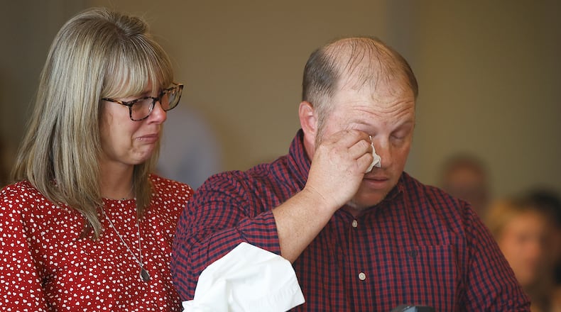 FILE PHOTO: At the May 21, 2024 sentencing of Hermanio Joseph, Nathan and Danielle Clark, the parents of Aiden Clark, fight back tears as Nathan makes a statement. BILL LACKEY/STAFF