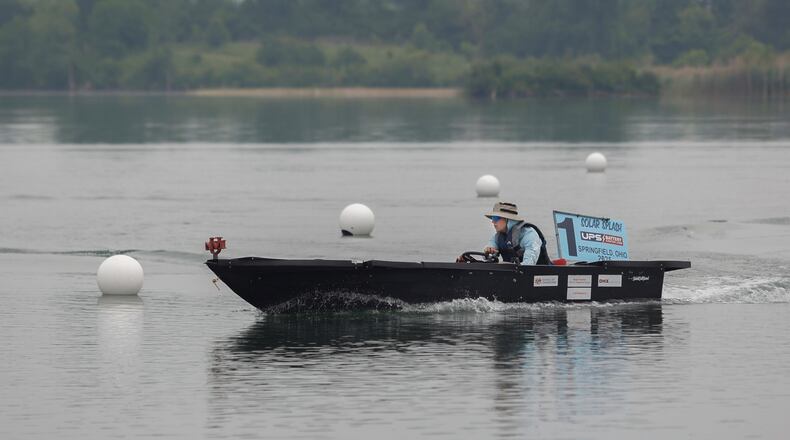 Jesus Martinez, a 2025 graduate of the University of New Mexico, drives a boat during slalom round 1 of the Solar Splash on Thursday, June 5, 2025, at Clark County Fairgrounds Championships Park Lake. JOSEPH COOKE/STAFF