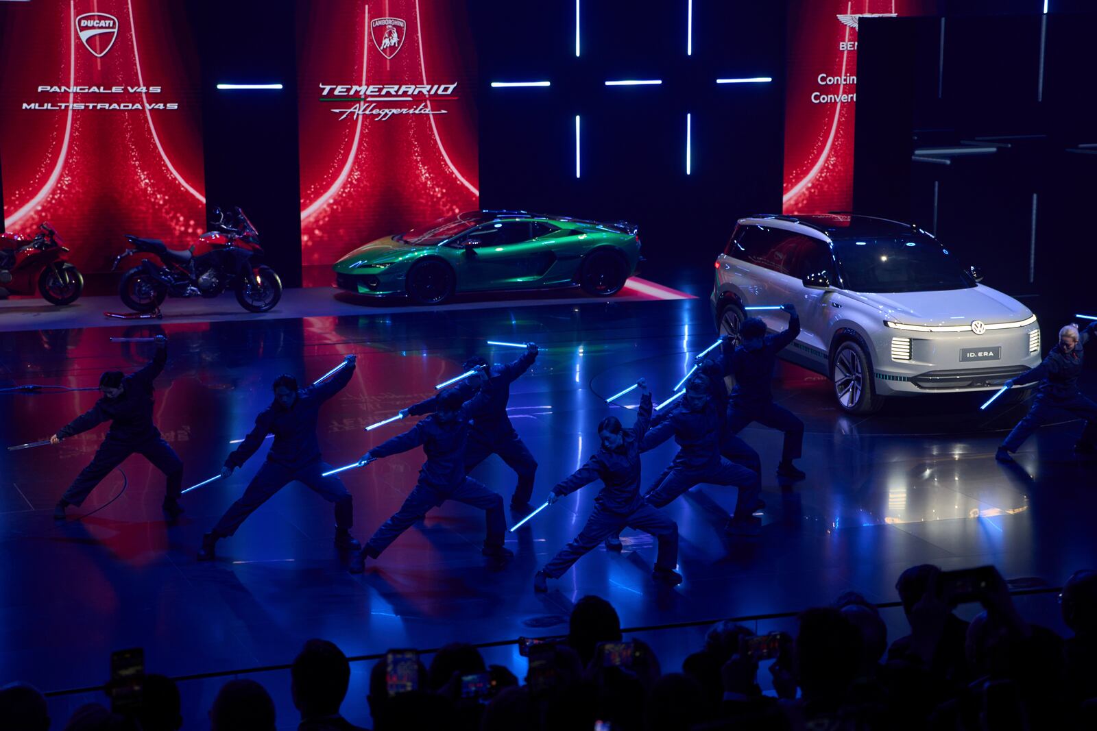 Performers take part in the Volkswagen Group media night ahead of the Auto Show in Shanghai, Tuesday, April 22, 2025. (AP Photo/Ng Han Guan)
