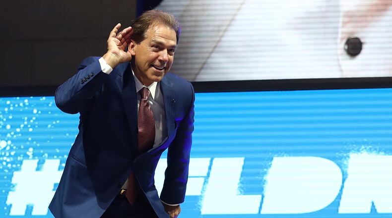 PHILADELPHIA, PA - APRIL 27: Nick Saban, head football coach at the University of Alabama, poses on stage prior to the first round of the 2017 NFL Draft at the Philadelphia Museum of Art on April 27, 2017 in Philadelphia, Pennsylvania. (Photo by Elsa/Getty Images)