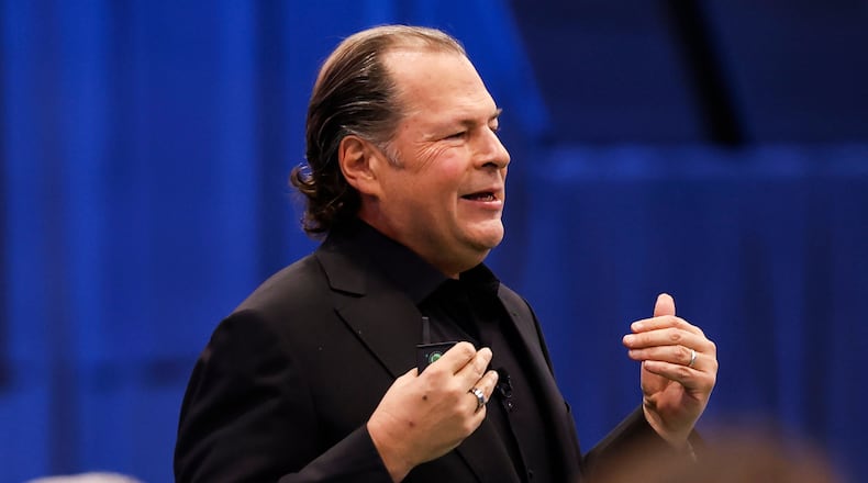 FILE - Salesforce CEO Marc Benioff delivers the keynote address at the start of the Dreamforce conference at the Moscone Center, in San Francisco, Oct. 14, 2025. (Jessica Christian/San Francisco Chronicle via AP, File)