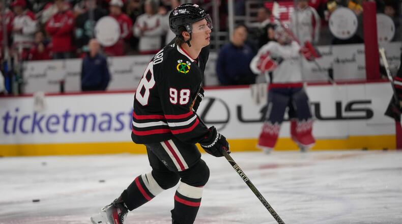 Chicago Blackhawks center Connor Bedard warms up before an NHL hockey game against the Washington Capitals, Friday, Jan. 9, 2026, in Chicago. (AP Photo/Erin Hooley)