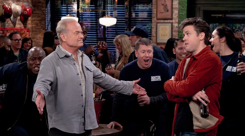 This image released by Paramount+ shows Kelsey Grammer as Frasier Crane, left, and Jack Cutmore-Scott as Freddy in a scene from "Frasier." (Chris Haston/Paramount+ via AP)