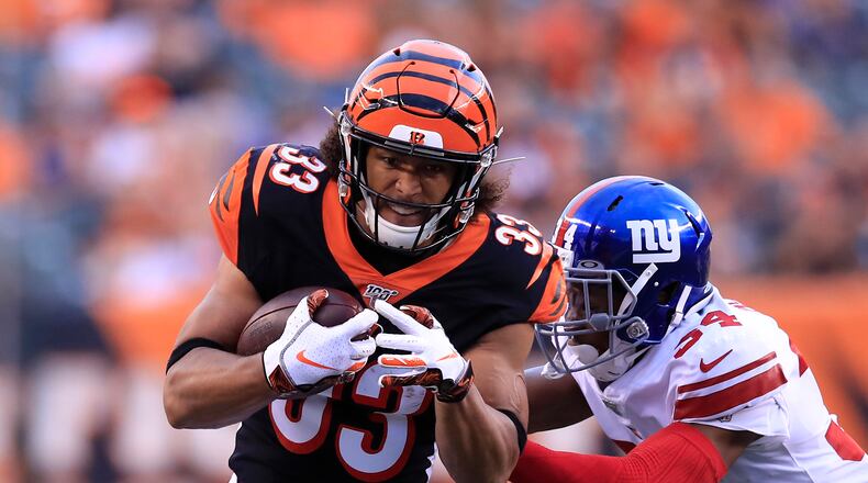 CINCINNATI, OHIO - AUGUST 22: Rodney Anderson #33 of the Cincinnati Bengals runs with the ball against the New York Giants at Paul Brown Stadium on August 22, 2019 in Cincinnati, Ohio. (Photo by Andy Lyons/Getty Images)
