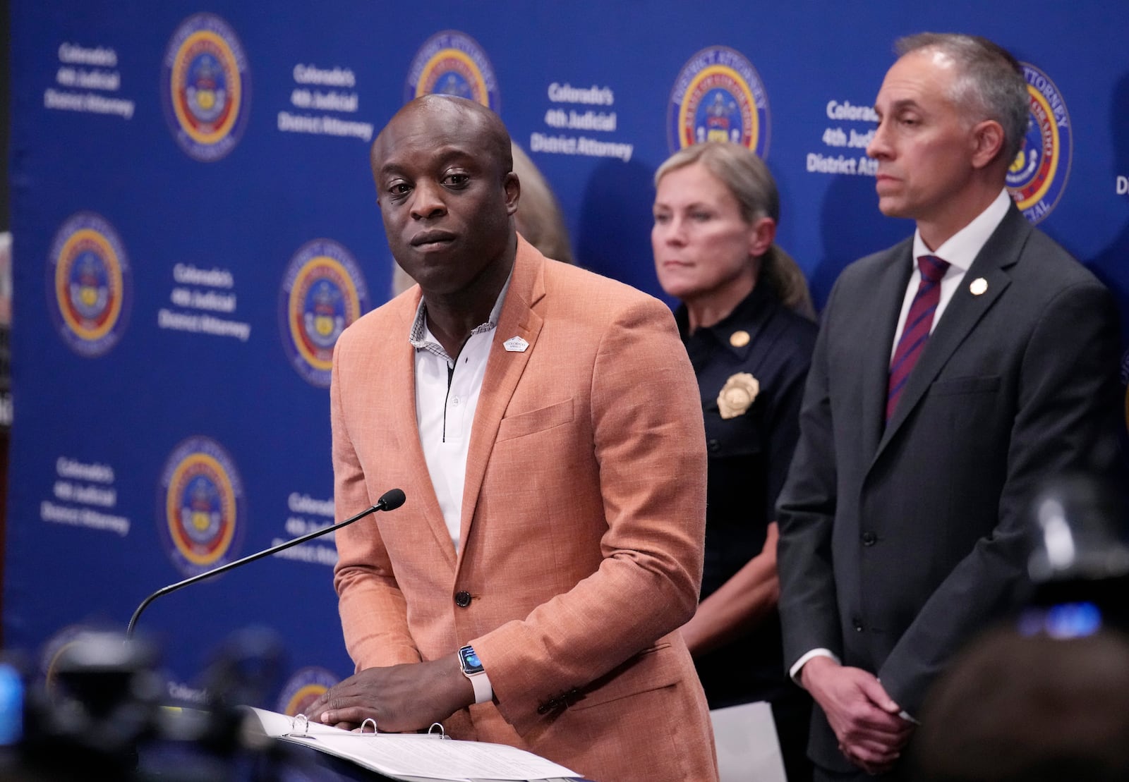 FILE - Colorado Springs, Colo., Mayor Yemi Mobolade considers a question during a news conference after a hearing for the suspect in a mass shooting at a gay nightclub Monday, June 26, 2023, in Colorado Springs, Colo. (AP Photo/David Zalubowski, file)