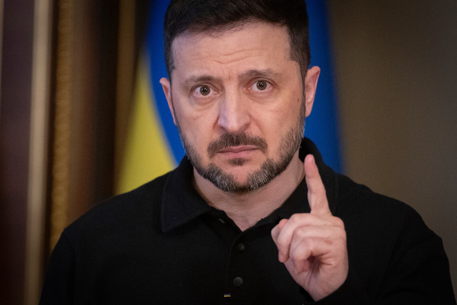 Ukrainian President Volodymyr Zelenskyy speaks during a briefing in Kyiv, Ukraine, Thursday, April 17, 2025. (AP Photo/Efrem Lukatsky)