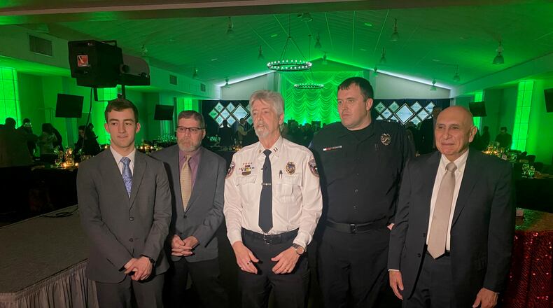 Luke Neikirk, Jayson Neri, Don Parvin, Jason Robison and John Vitaliti were all in attendance at the Xenia Area Chamber of Commerce's annual gala on Feb. 26, 2023 where they received the Sheriff Gene Fischer Hero Award.
Photo Credit: Mark D. Weinstein, the Executive Director of Public Relations at Cedarville University.