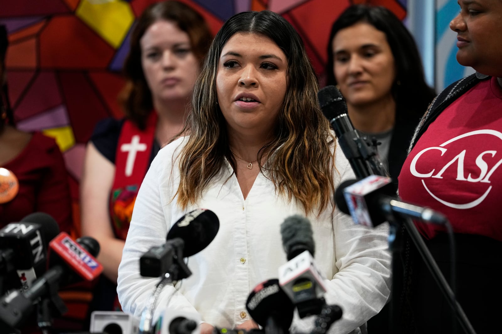 Jennifer Vasquez Sura, wife of Kilmar Abrego Garcia speaks during a news conference Wednesday, June 25, 2025, in Nashville, Tenn. (AP Photo/George Walker IV)
