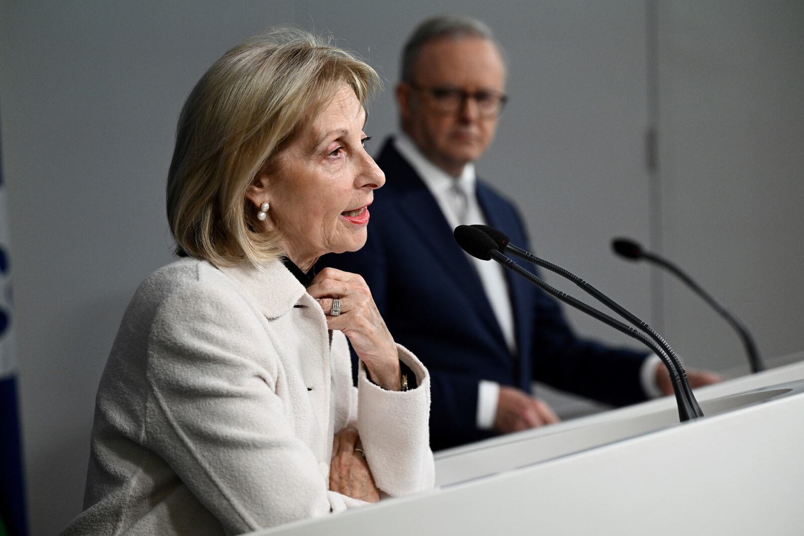 Special Envoy to Combat Antisemitism Jillian Segal, left, is watched by Australian Prime Minister Anthony Albanese during a press conference at the Commonwealth Parliamentary Offices in Sydney, Thursday, July 10, 2025. (Dan Himbrechts/AAPImage via AP)