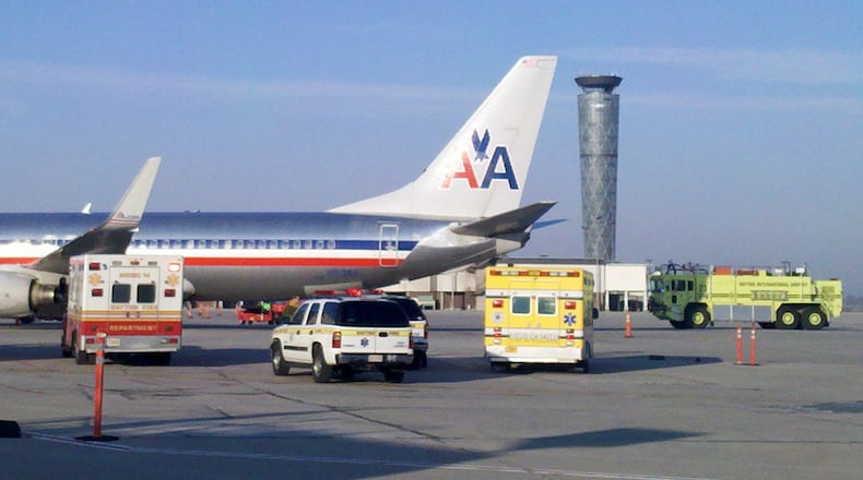 An American Airlines plane at the Dayton airport.