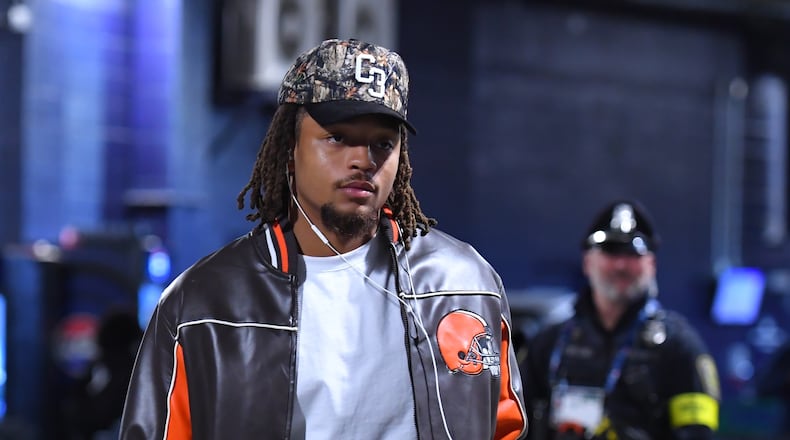 FILE - Cleveland Browns safety Ronnie Hickman arrives at Gillette Stadium prior to an NFL football game against the New England Patriots, Oct. 26, 2025, in Foxborough, Mass. (AP Photo/Steven Senne, File)
