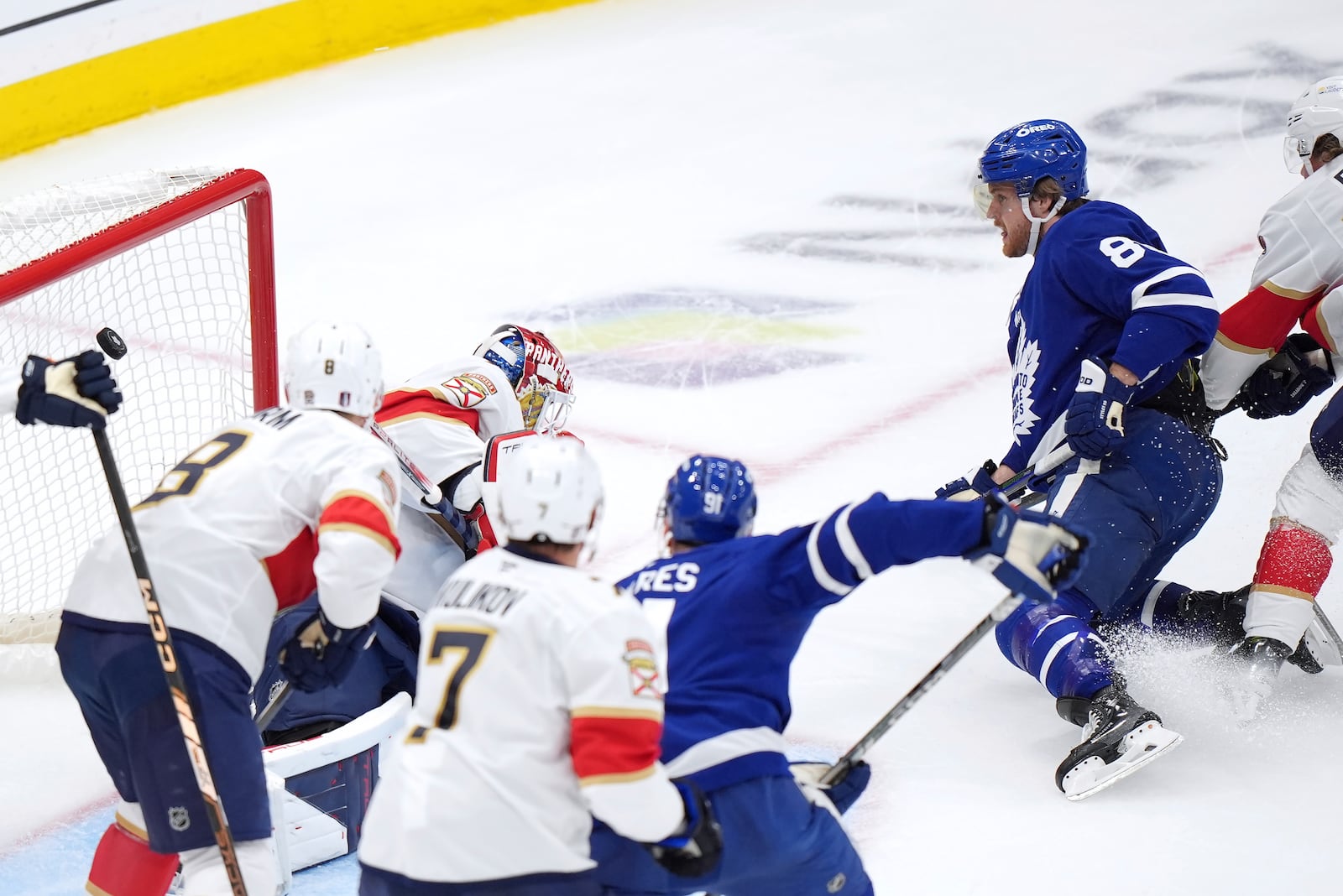 Toronto Maple Leafs forward William Nylander (88) scores against Florida Panthers goaltender Sergei Bobrovsky (72) during the first period of Game 1 in an NHL hockey second-round playoff series in Toronto, Monday, May 5, 2025. (Frank Gunn/The Canadian Press via AP)
