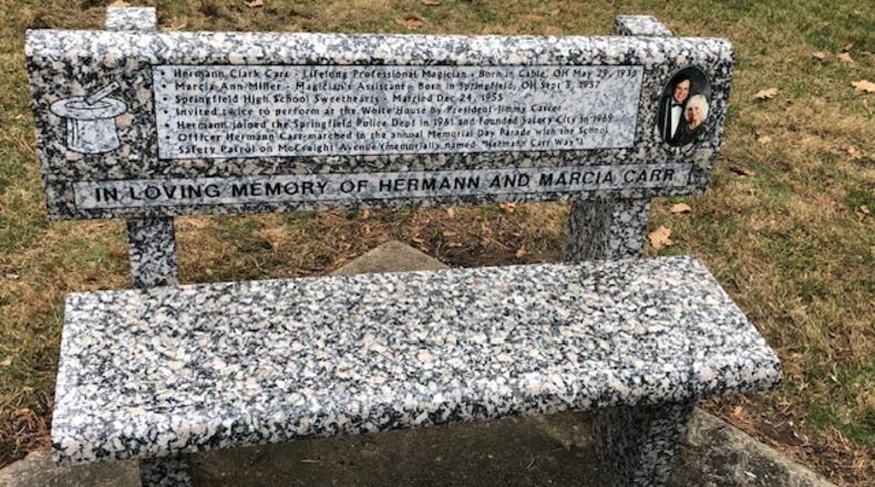 The lives of Hermann and Marcia Carr have been memorialized with a new bench next to their mausoleum in Ferncliff Cemetery. The bench tells the story of the Carrs' accomplishments such as his career as a magician and as a Springfield police officer, who established the Safety City program.