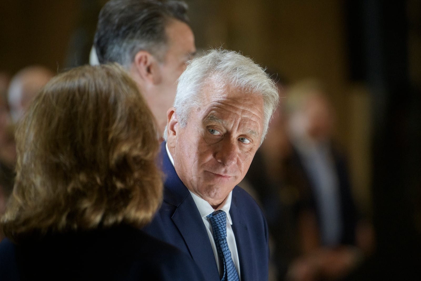 Three-time Tour de France winner Greg LeMond talks with his wife Kathy LeMond before being presented with the Congressional Gold Medal during a ceremony at the Capitol, Wednesday, July 9, 2025, in Washington. (AP Photo/Rod Lamkey, Jr.)