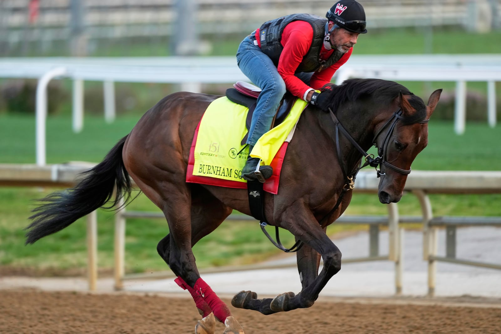 Kentucky Derby entrant Burnham Square works out at Churchill Downs Monday, April 28, 2025, in Louisville, Ky. (AP Photo/Charlie Riedel)