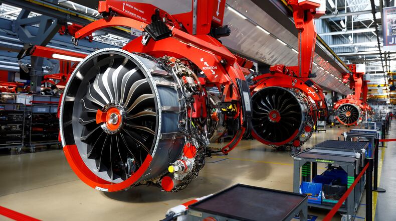 The LEAP-1A engines are pictured in the Safran Aircraft Engines site in Villaroche, near Paris, ahead of the Paris Air Show, Friday June 16, 2023. (Gonzalo Fuentes/Pool via AP)