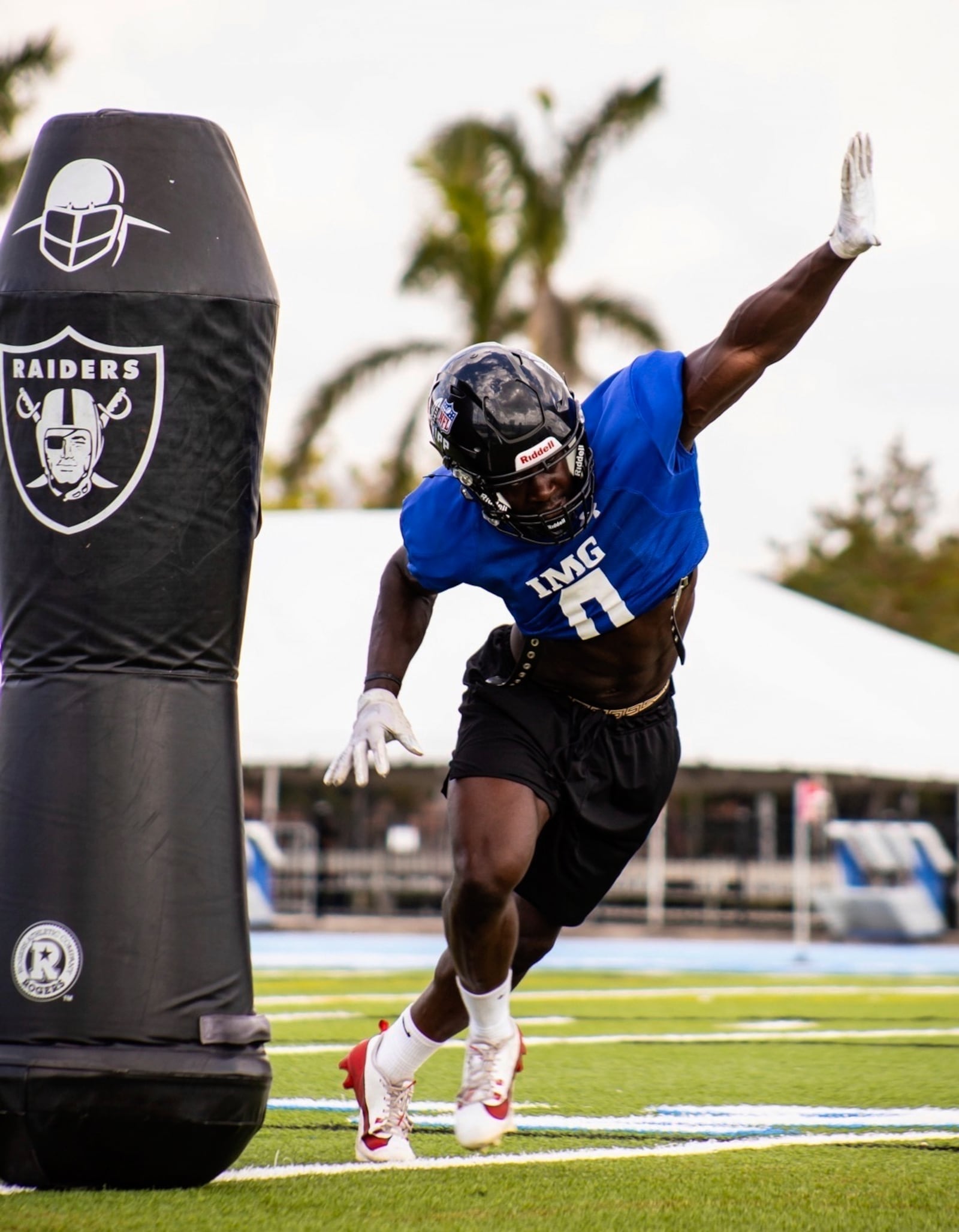 In this February 2025 image provided by the NFL, Mapalo “Maz” Mwansa runs a drill at the IMG Academy where the NFL's International Players Program train in Bradenton, Fla. (Alexa LoPiano/NFL via AP)