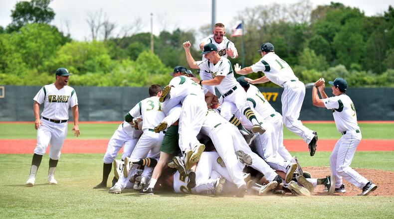 Wright State celebrates after beating UIC 11-9 int he Horizon League tournament championship game Saturday at Nischwitz Stadium.