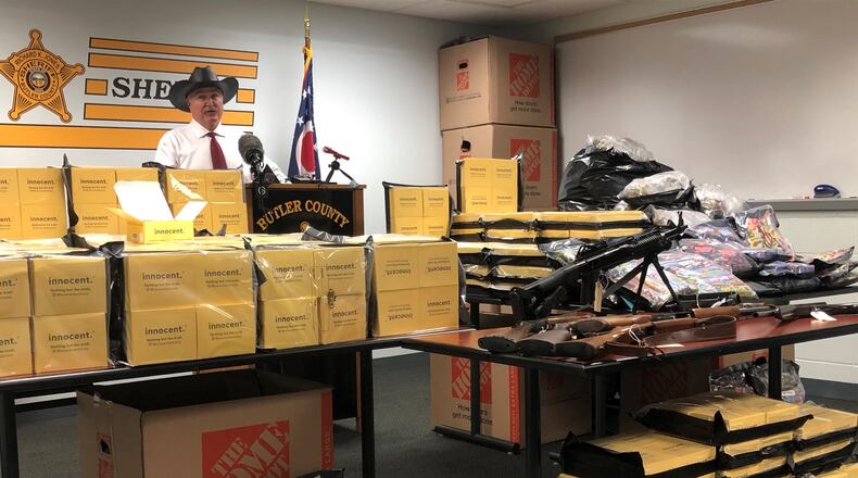 Butler County Sheriff Richard K. Jones said more than $3 million in drugs and guns were seized Tuesday in Butler County. One man has been arrested and charged with two felonies. RICK McCRABB/STAFF