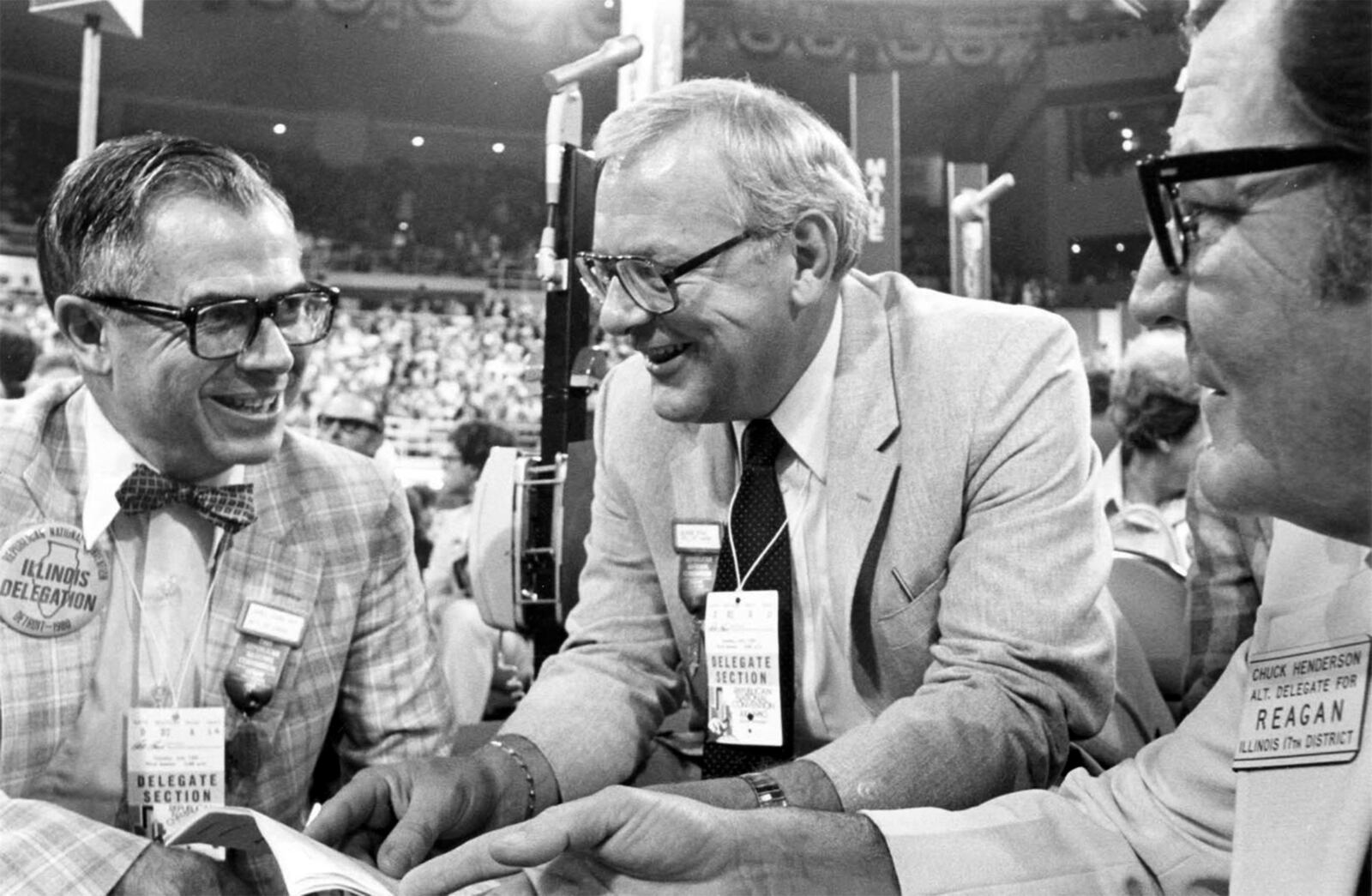 FILE - George Ryan, an Illinois delegate at the 1980 Republican National Convention in Detroit, talks with fellow delegates James Schneider, left, and Chuck Henderson in July 1980. (AP Photo/The (Kankakee) Daily Journal, File)