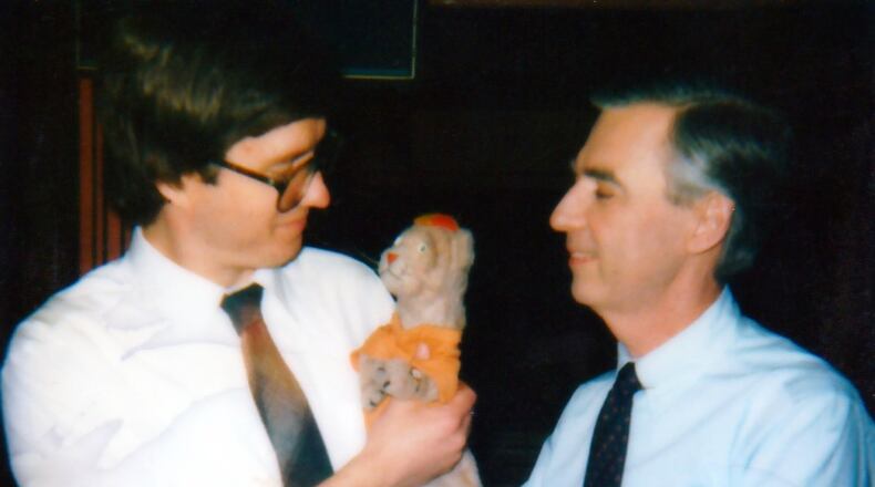 Tom Stafford meets with Fred Rogers in Mister Rogers’ studio in Pittsburgh in 1984. CONTRIBUTED
