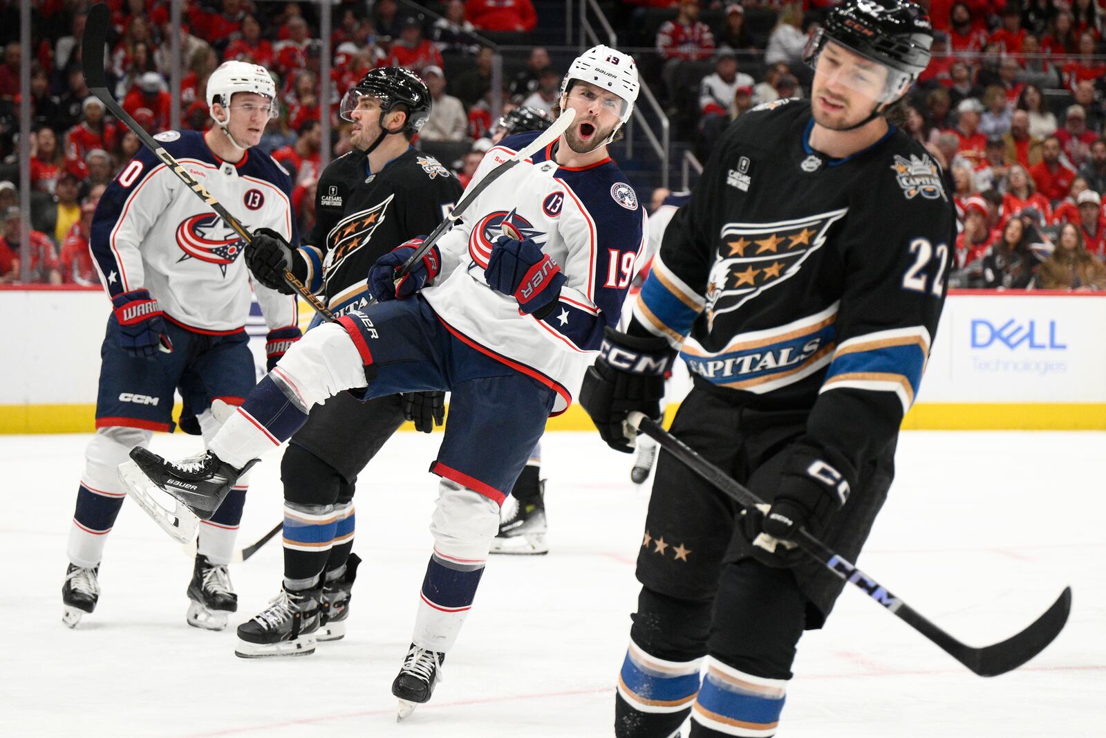 Columbus Blue Jackets center Adam Fantilli (19) celebrates his goal during the second period of an NHL hockey game against the Washington Capitals, Sunday, April 13, 2025, in Washington. (AP Photo/Nick Wass)