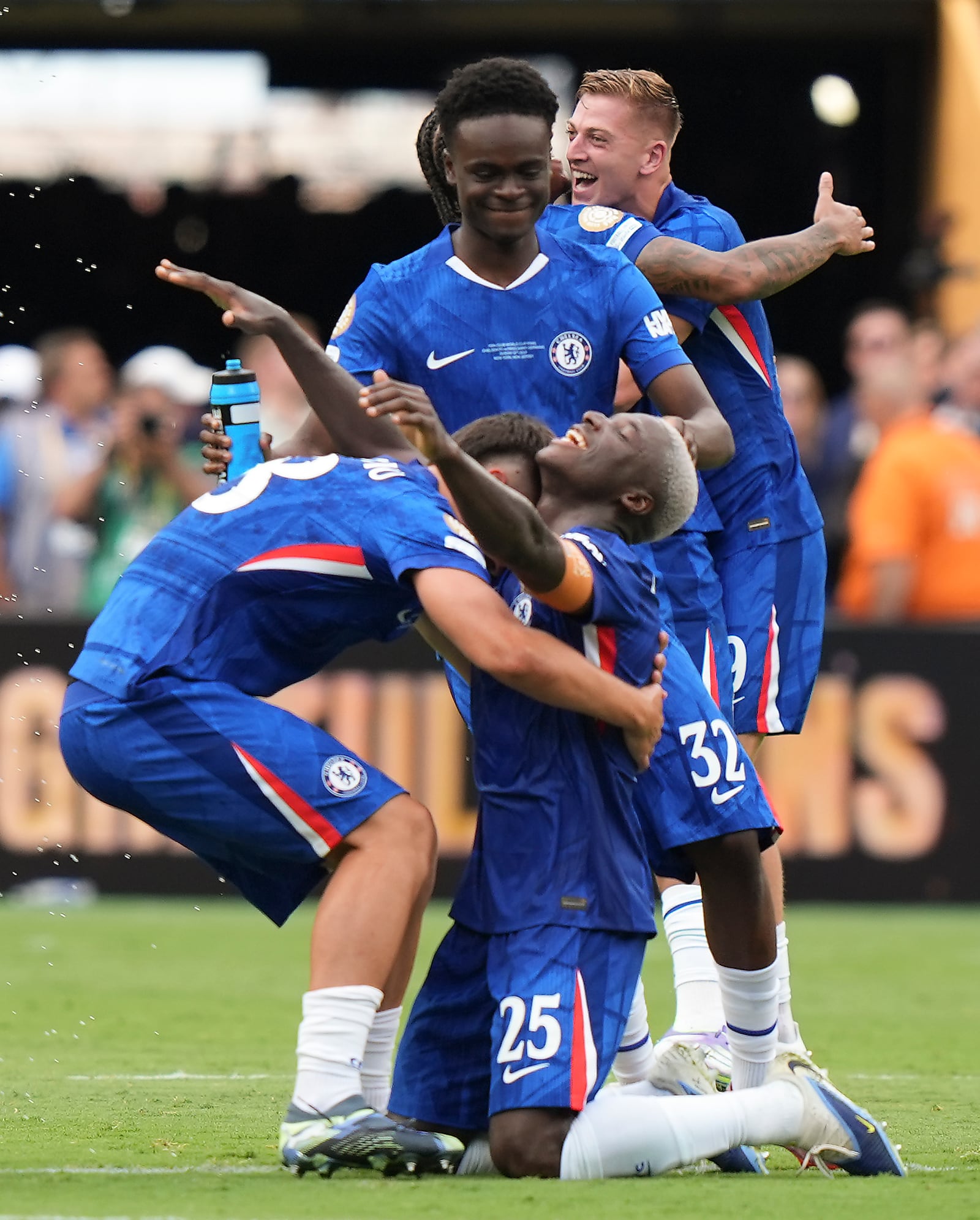 Chelsea players celebrate after winning the Club World Cup final soccer match against Paris Saint-Germain in East Rutherford, N.J., Sunday, July 13, 2025. (AP Photo/Frank Franklin II)