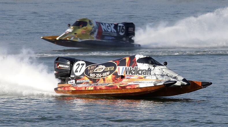 Formula 1 racing boats roar across the lake at the Clark County Fairgrounds in November of 2016 as Clark County conducts a feasibility study to see if power boat races can be brought to the area. The fairgrounds are moving forward with the plans. Bill Lackey/Staff