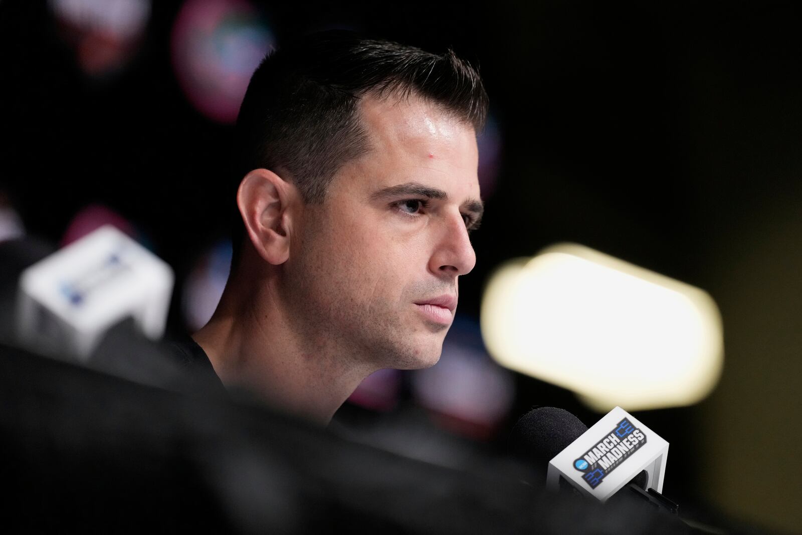 Florida head coach Todd Golden speaks at a news conference during media day at the Final Four of the NCAA college basketball tournament, Thursday, April 3, 2025, in San Antonio. (AP Photo/Brynn Anderson )