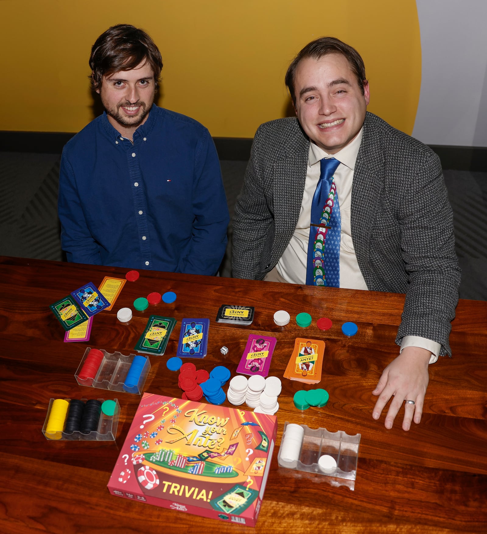 Jameson Zink, left, and Mark Stickford with their trivia-based board game, "Know Your Ante?" on Wednesday, Jan. 13, 2026, at COhatch Springfield. The game launched on Thursday, Jan. 14, 2026. JOSEPH COOKE/STAFF